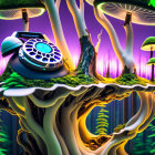 Whimsical landscape with bioluminescent mushrooms, vintage telephone, and tree structures on purple backdrop