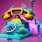 Surreal yellow rotary phone with blue liquid and clouds on pink background