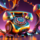 Colorful Surreal Landscape with Retro Rotary Telephone and Melting Structures