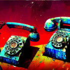 Pair of retro blue rotary dial telephones on red background with splattered paint