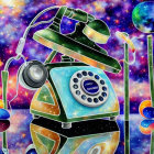 Vintage rotary phone with cosmic background and floating objects.