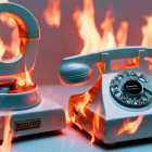 Vintage telephones with flames on reflective surface.