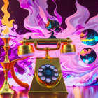 Colorful surreal artwork: Vintage rotary phone with vibrant liquid splashes in swirling abstract patterns