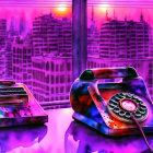 Vibrant retro rotary telephones in neon-lit cityscape at sunset