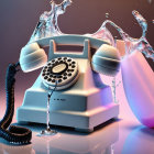 Vintage telephone with receiver off hook and splashing water on purple gradient.