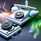 Fragmented vintage rotary telephones float above stormy water with lightning in surreal artwork