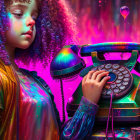 Vibrant digital artwork: young girl with curly hair and telephone in neon surroundings
