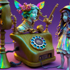 Colorful digital artwork of vintage telephone and whimsical figurines