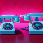 Vintage Red and Blue Rotary Dial Telephones on Red Background