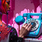 Colorful Paint Splatter Art: Woman with Retro Telephone in Vibrant Setting