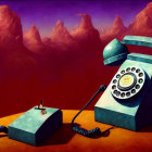 Surreal painting of floating vintage blue rotary phone being cut by scissors