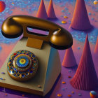 Vintage rotary phone with oversized receiver on colorful geometric background