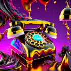 Colorful Liquid Swirls Retro Telephone on Purple Background
