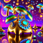 Colorful Psychedelic Artwork: Golden Mushrooms in Cosmic Setting