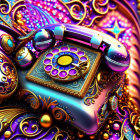 Detailed image of ornate rotary telephone with gold accents & psychedelic colors