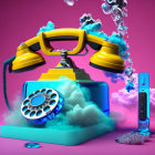Vintage yellow rotary phone melting on turquoise base with blue smoke, modern cordless phone nearby