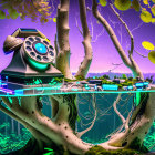 Surreal artwork: vintage telephone on floating island with vibrant trees