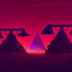 Vibrant red and purple surreal landscape with pyramid structures and comet.