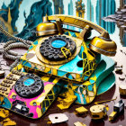 Colorful abstract rotary phone sculpture with dismantled parts on surreal backdrop