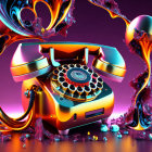 Colorful Surrealist Artwork with Vintage Rotary Phone and Liquid Forms