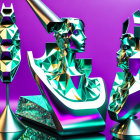 Abstract Futuristic Artwork: Metallic Female Figures in Profile on Purple Background