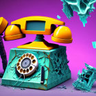 Vintage Yellow Handset Floating Above Teal Rotary Phone on Purple Background