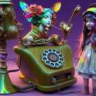 Colorful digital artwork: vintage telephone with female figure and whimsical character