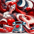Surrealistic landscape with swirling red and white structures and stylized female figure beside old-fashioned blue