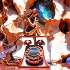 Surreal artwork of metallic female figure on vintage telephone with coastal rocks