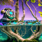 Vintage Rotary Phone on Glass Table with Neon-lit Forest Background