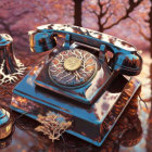 Vintage Rotary Phone with Iridescent Finish on Wood Surface and Colorful Fantasy Backdrop