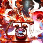 Surreal artwork: woman on rotary phone with abstract flames & giant face