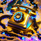 Vintage golden rotary phone on cosmic background with swirling nebulae and golden liquid.