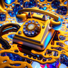 Golden rotary telephone with black cord and spheres on blue background