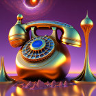 Retro-futuristic telephone with golden accents and cosmic design on purple background