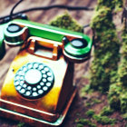 Bronze Vintage Rotary Dial Phone with Greenery on Wooden Surface