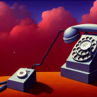 Vintage blue rotary phone artwork on wooden surface with off-hook receiver, set against red clouds and purple sky