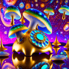 Colorful psychedelic artwork: Golden skull with mushrooms and jewels in vibrant fractal scene.