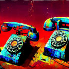 Vintage Rotary Telephones Splattered with Colorful Paint on Vibrant Red Background