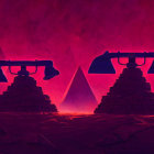 Surreal red landscape with ancient structures under crimson sky