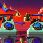 Surreal vintage phones with blue flames and fiery & icy elements on reflective surface