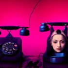 Vintage telephones and woman's face under red light