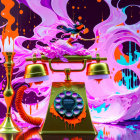 Colorful surreal artwork: Melting telephone in fiery liquid with whimsical figure