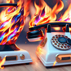 Vintage telephones in stylized flames on wooden desk symbolize urgent communication.