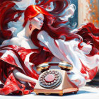 Vibrant woman with red and white hair by rotary phone in colorful setting