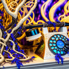 Fantasy-themed sculpture of purple tree and circular blue book