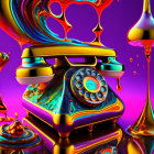Surreal melting rotary phone on colorful background