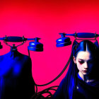 Stylized figures with dark hair connected to old-style telephones on red background