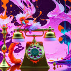Colorful Psychedelic Digital Artwork: Vintage Telephone, Liquid Splashes, and Dancer