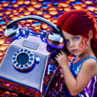 Young girl with red hair and blue eyes by vintage phone and headphones on colorful background